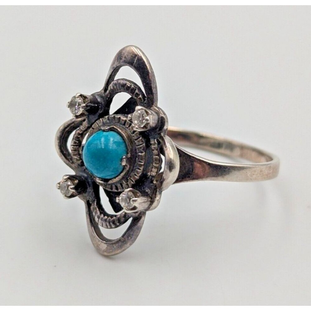Vintage USSR Sterling Silver 925 Blue Turquoise Clear CZ Ornate Ring Sz 9